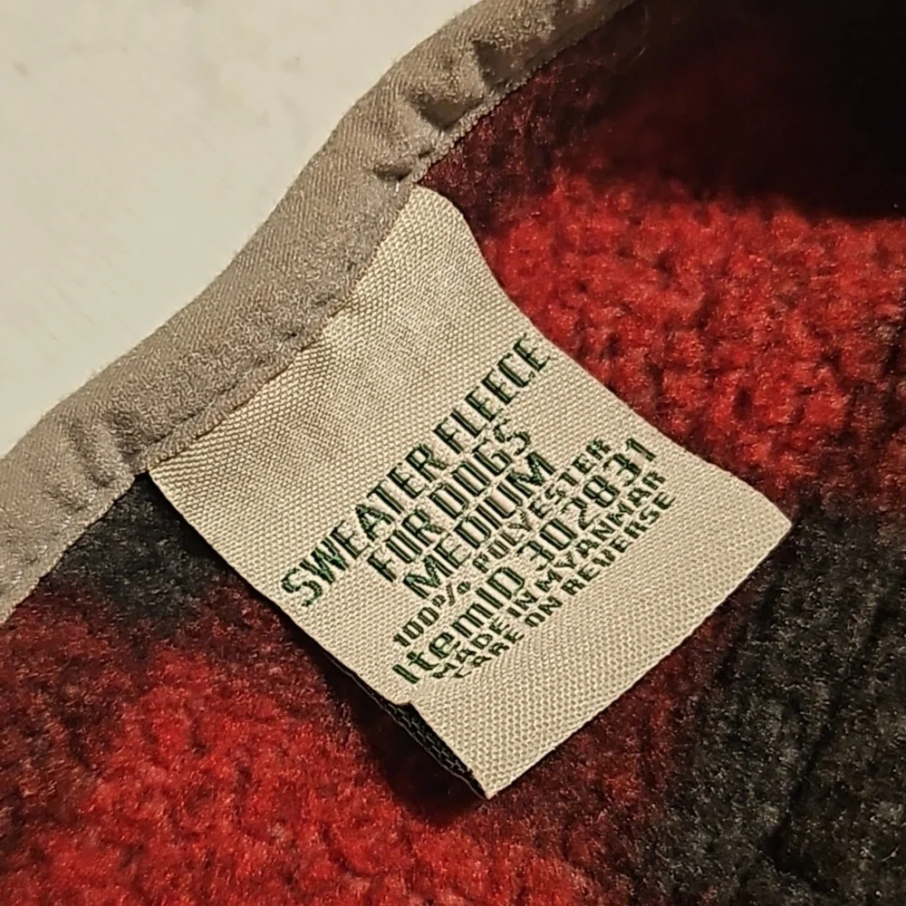 LL BEAN SWEATER FLEECE  FOR DOGS. BLACK AND RED CHECK SIZE MED